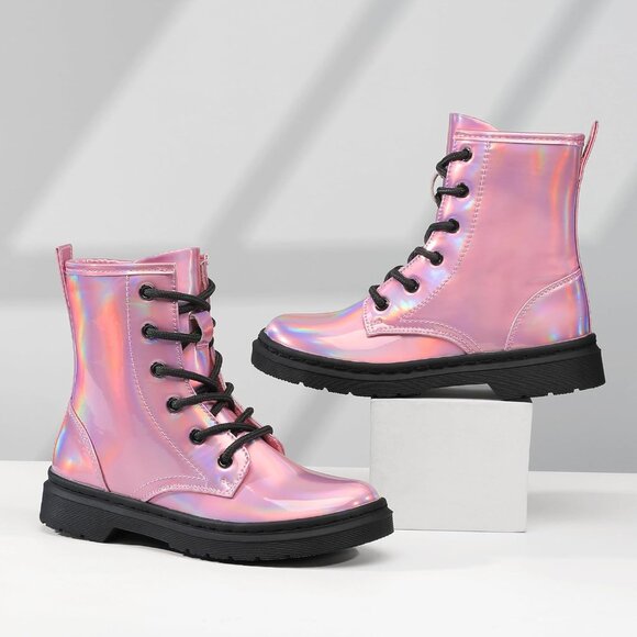 🆕Girls Pink Rubber Ankle Side Zipper Lace Up Stylish Comfort Glitter Boots - Picture 5 of 7